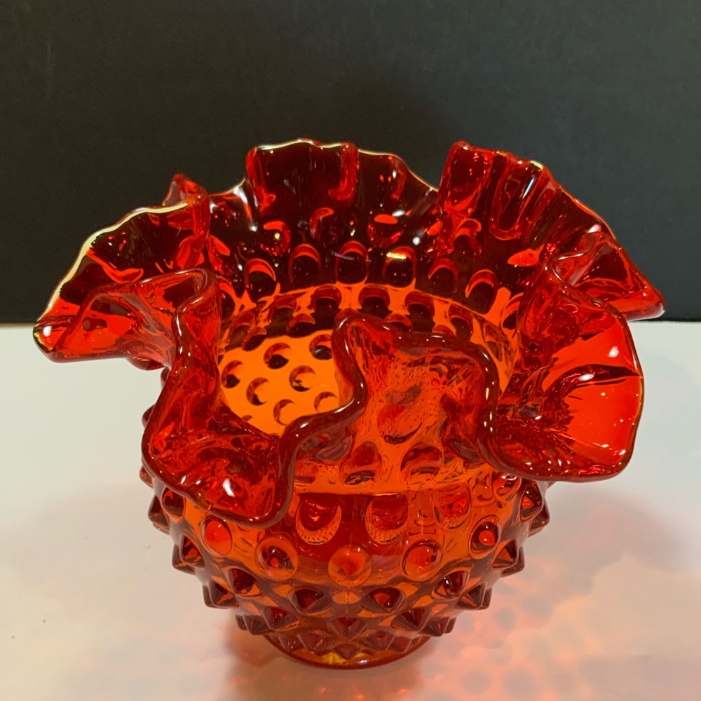 Fenton Vase Rose Bowl Crimped Hobnail Orange Glass Vintage